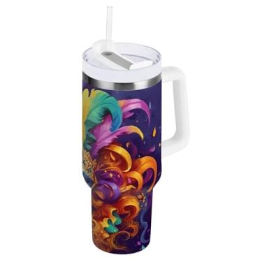 Imagem de Blueangle Copo isolado de carnaval de 850 g com alça e tampa de palha, caneca de viagem reutilizável de aço inoxidável (828)