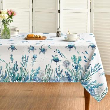 Imagem de Horaldaily Toalha de mesa retangular de verão 152 × 152 cm, tartaruga marinha, alga marinha, água-viva, azul, lavável na primavera, para decoração de festa, piquenique, jantar