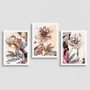 Imagem de Kit 3 Quadros Flores Neutras 24X18Cm Moldura Branca
