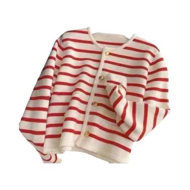 Imagem de Cardigã Feminino De Tricô Com Listras, Gola O, Manga Longa, Cropped, C