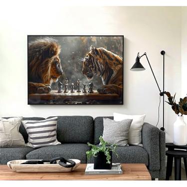 Imagem de Quadro Decorativo em Canvas Premium Leão vs Tigre Jogando Xadrez Sala Escritório 100x70 (01, Preto, 100x70)