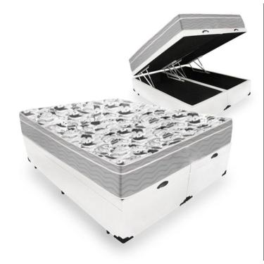 Imagem de Cama Box Com Baú Queen Tecido Sintético Branco com  Colchão De Molas Ensacadas - Probel - Evolution 158cm