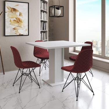 Imagem de Mesa Jantar Londres Quadrada Branca 90Cm 4 Cadeiras Estofadas Vermelho Eames Ferro Preto