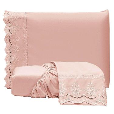 Imagem de Jogo De Lençol Realce Queen 3 Peças Percal 300 Fios Bordado Inglês Macio - Rose - 100% Poliéster
