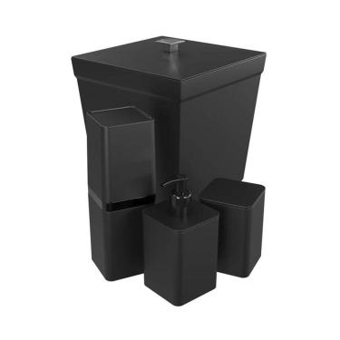 Imagem de Kit Banheiro 4 Peças Lixeira Dispenser Porta Escova E Porta Algodão - Stolf Preto