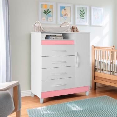 Imagem de Cômoda Para Quarto Infantil 4 Gavetas 1 Porta Branco Rosa Azul Quadriflex Triton Shop Jm