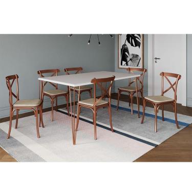 Imagem de Conjunto Mesa De Jantar Elen Com 6 Cadeiras Katrina Base Cobre E Tampo Branco 150Cm - Branco