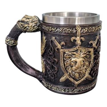 Imagem de Caneca Medieval Artesanal Brasão Leão Geek 3D em Resina Copo em Aço In