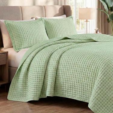 Imagem de Kit Cobre Leito Colcha Claire Queen 3 Peças Micropercal 300 Fios Bordado - Verde Pistac...