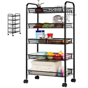 Imagem de Carrinho Organizador Multiuso 5 Prateleiras Em Aço Preto Casa Salao Escritorio Portatil