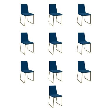 Imagem de Kit 10 Cadeiras De Jantar Cozinha Industrial Lexa Veludo Élpis Móveis Azul Marinho Dourada