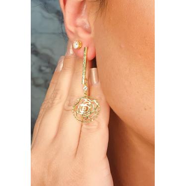 Imagem de Brinco Médio De Fio Trabalhado Flor Vazada Banhado Ouro 18k