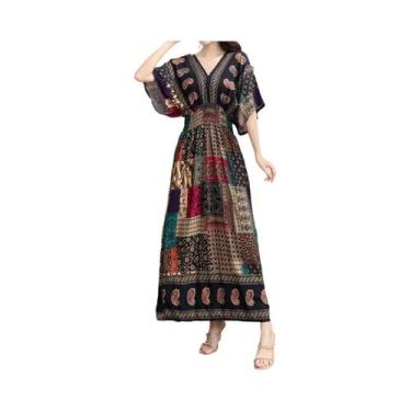 Imagem de Vestido Midi Vintage Boêmio Floral Para Mulheres Com Decote Em V E Cin
