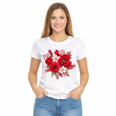 Imagem de Camiseta Feminina Estampada Rosa Flores Vermelhas Premium-Feminino