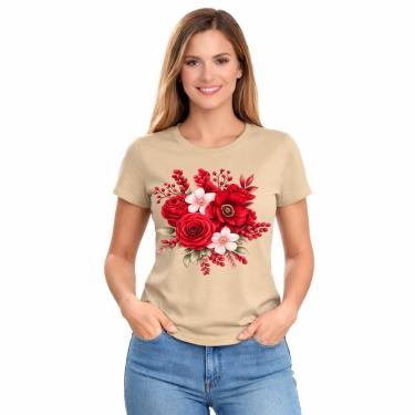Imagem de Camiseta Feminina Estampada Rosa Flores Vermelhas Premium-Feminino