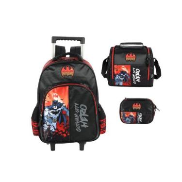 Imagem de Kit Mochila juvenil Escolar Batman Rodinhas Lancheira Estojo, Vermelho