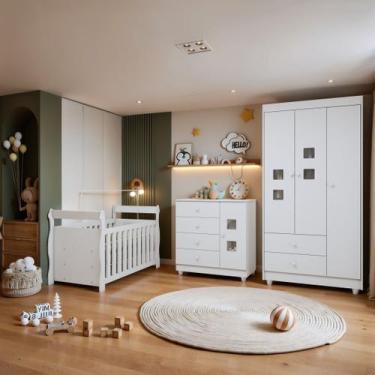Imagem de Quarto de Bebê Completo com Guarda-Roupa Berço e Cômoda Bibi Branco - 