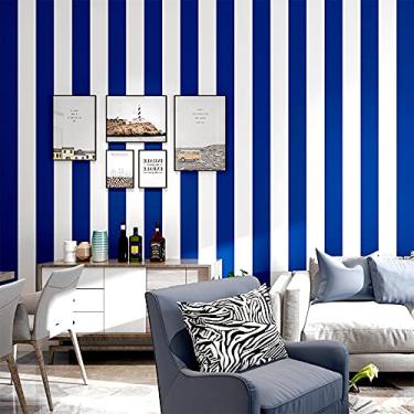 Imagem de Q QIHANG Papel de parede de PVC listrado vertical estilo minimalista moderno sala de estar quarto roupas loja fundo não colado papel de parede área de rolo 3,73 cm L x 82,8 cm C = 137,8 metros quadrados (branco azul escuro)