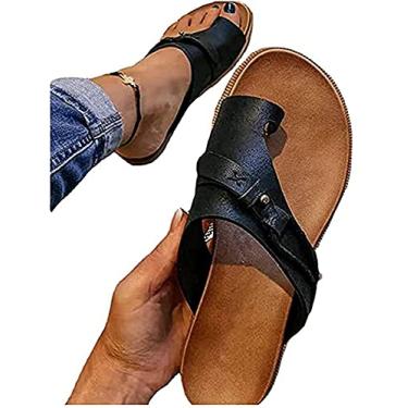 Imagem de Sandálias femininas Gibobby com salto plataforma romano confortáveis sandálias de fundo plano sem cadarço com clipe no dedo do pé sandálias de verão com tiras em T, Z13 - preto, 8.5
