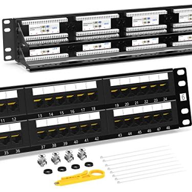 Imagem de AMPCOM Premium Series CAT6 48 portas Patch Panel, montagem em rack - 2U, 19 polegadas, RJ45 Ethernet 568A 568B, 15u banhado a ouro, com barra de suporte de cabo traseira