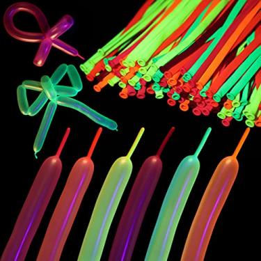 Imagem de Skylety 150 Pieces Neon Glow Long Balloons Backlight Reactive Fluorescent Colorful Long Animal Twisting Latex Balloons for Twisting DIY Animals Birthday Party Decorations