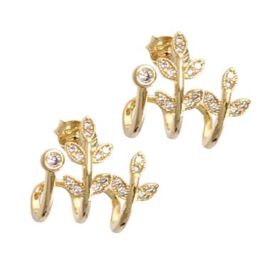 Imagem de Brinco Semijoia Feminino Folheado a Ouro Folhas com Pedras Cravejadas - Caixa de Luxo