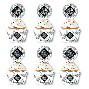 Imagem de SWYOUN 24 conjuntos Eid Mubarak cupcake Wrappers and Toppers Ramadan Party Supplies Eid Party Decor (preto)