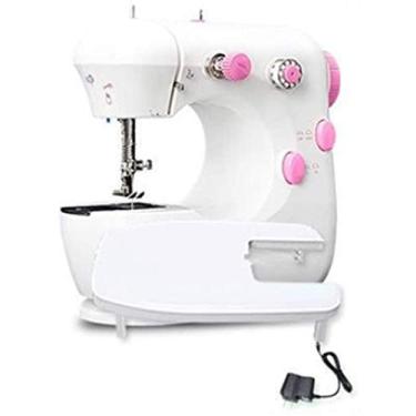 Imagem de Máquina de costura doméstica mini máquina de costura multifuncional elétrica pequena máquina de costura manual multifuncional (18 acessórios gratuitos) rosa branco atualizado