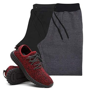 Imagem de KIT 2 Bermudas Masculina Moletom Conforto + Tenis Masculino Academia YZI - Bermudas Preto/Grafite G - Tenis Vermelho - 39