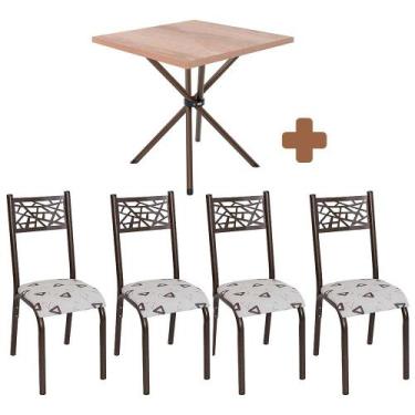 Imagem de Mesa De Jantar Quadrada Com 4 Cadeiras Em Aço Bronze Carvalho Com Esto