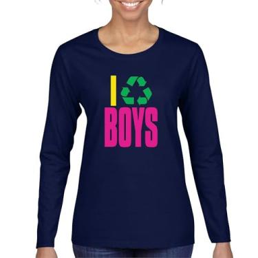 Imagem de Camiseta feminina manga longa I Recycle Boys Puff Print Funny Dating App Humor Single Independent Heart Breaker Relationship, Azul marinho, XXG
