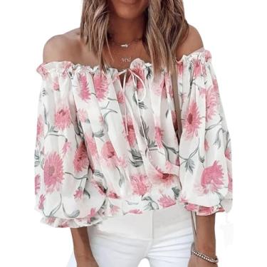 Imagem de SOLY HUX Blusas femininas plus size com ombros de fora, floral, manga curta, amarrada na frente, camisa de verão, Floral branco, XXG Plus Size