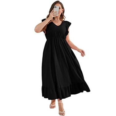 Imagem de KOJOOIN Vestido feminino plus size de verão com bolso com babados, sem mangas, decote em V, fenda lateral, vestido longo de praia, Preto - 1, XXG