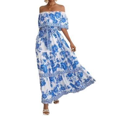 Imagem de Camisa Feminina Floral Print Off Shoulder Ruffle Hem Belted Dress (Color : Blue and White, Size : L)
