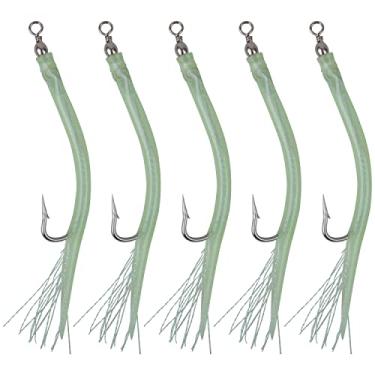 Imagem de Iscas de tubo de baixo listradas, iscas de pesca em água salgada de bacalhau com aço inoxidável EEL gancho barril giratório para pesca offshore Trolling Striper Bass Big Game Fishing (verde 7/0)