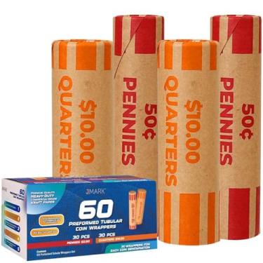 Imagem de J Mark Invólucros de rolo de moeda pré-formados resistentes à explosão, feitos nos EUA, tubos de rolo de moedas estilo cartucho resistente de 60 unidades (centavo/quarto), inclui guia de depósito de