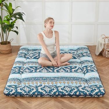 Imagem de Zelladorra Colchão japonês, colchão futon com bolsa de armazenamento portátil e capa lavável, tapete de tatame grosso de enrolar adequado para acampamento, quarto de hóspedes (jacquard listrado azul