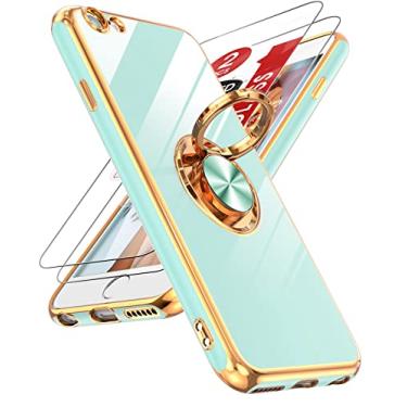 Imagem de LeYi Capa para iPhone 6/6s com película de vidro temperado [2 unidades] suporte magnético giratório de 360°, capa protetora com borda de ouro rosa, verde menta