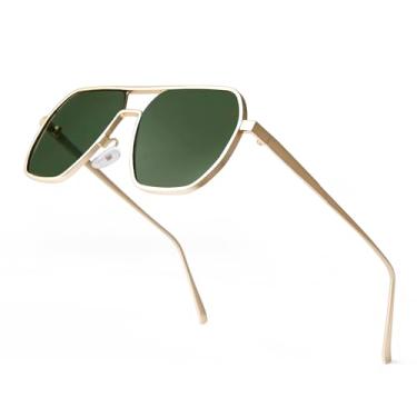 Imagem de Laurinny Óculos de sol grandes polarizados quadrados aviador para homens mulheres óculos de sol vintage grandes retrô metal masculino óculos de sol, Ouro/Verde escuro, Large