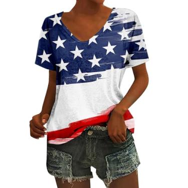 Imagem de Camiseta feminina Independence Day com estampa da bandeira dos EUA 4 de julho, gola V, manga curta, túnica, Branco, M