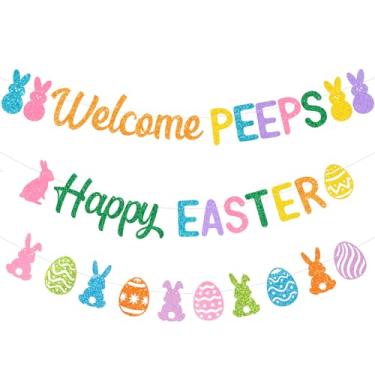 Imagem de Banner de Feliz Páscoa, Faixa de Boas-Vindas Peeps, Decorações de Faixa de Coelhinho de Páscoa para Casa, Decorações de Festa Feliz Páscoa, Decorações de Festa de Coelhinho de Páscoa, Decoração de Lareira de Manta, Pré-montada