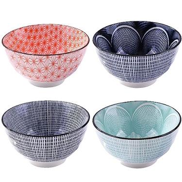 Imagem de Conjunto de 4 tigelas de arroz de cerâmica japonesa de 11,43 cm, designs sortidos e cores com linha e ondulação, louça esmaltada abaixo do vidro, ideal para cereal de sopa.