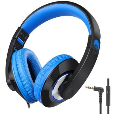 Imagem de rockpapa Comfort+ Fones de ouvido infantis com microfone, meninos e meninas, estudantes, fones de ouvido com fio para sala de aula, laptop, computador, tablet, preto, azul