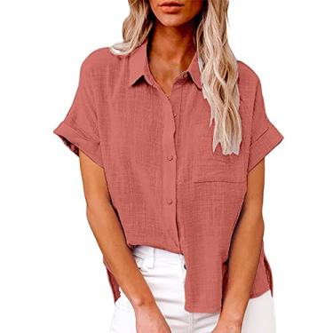 Imagem de Camiseta feminina de linho de manga curta com bolso, gola V, botões, cor sólida, caimento solto, túnica de verão, Rd2, 5G