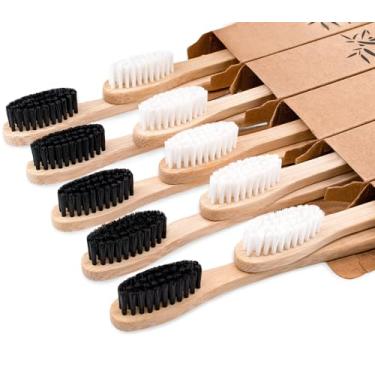 Imagem de Escovas de dentes de bambu para adultos, conjunto de escovas de dentes de madeira ecológicas (preto e branco 10P)