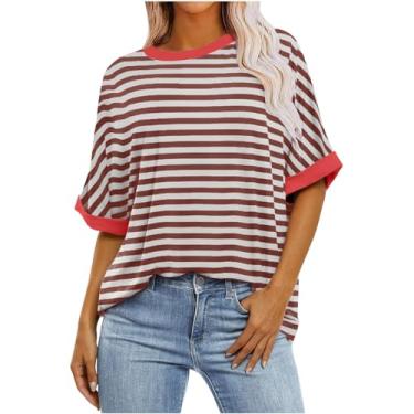 Imagem de Camisetas femininas com estampa gradiente casual de verão de gola redonda moderna túnica leve para o verão, Caqui, XXG