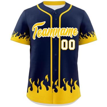 Imagem de Camisa de beisebol personalizada para homens e mulheres camiseta hip hop personalizada costurado/impresso nome número logotipo, Azul marinho e amarelo-18, One Size