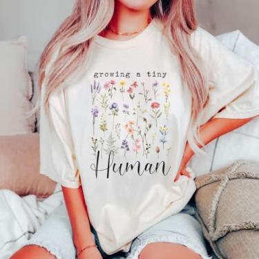 Imagem de LAZYCHILD Camiseta feminina de anúncio de gravidez crescendo minúsculo humano camiseta floral maternidade revelação camiseta tops gravidez, Creme, M