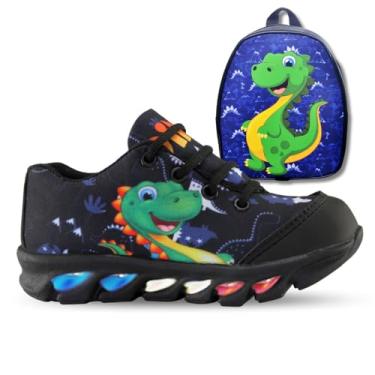 Imagem de Genérico, tenis de led infantil masculino dinossauro com luzinha meninos mais mochila Cor:Preto;Tamanho:23