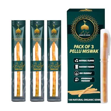 Imagem de Sewak Al Noor Pacote com 3 bastões Miswak para dentes com suporte - Escova de dentes natural para clareamento dental, saúde bucal e hálito fresco - Palitos de mastigar com sabor natural selados a